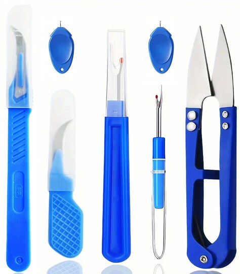 Blue Sewing Ripper Kit – 7pcs Thread Unpicker, Seam Ripper & Cutter Scissors Set – Stitch Removal Tools for Sewing, Crochet, Quilting & Embroidery – Essential Craft Supplies
